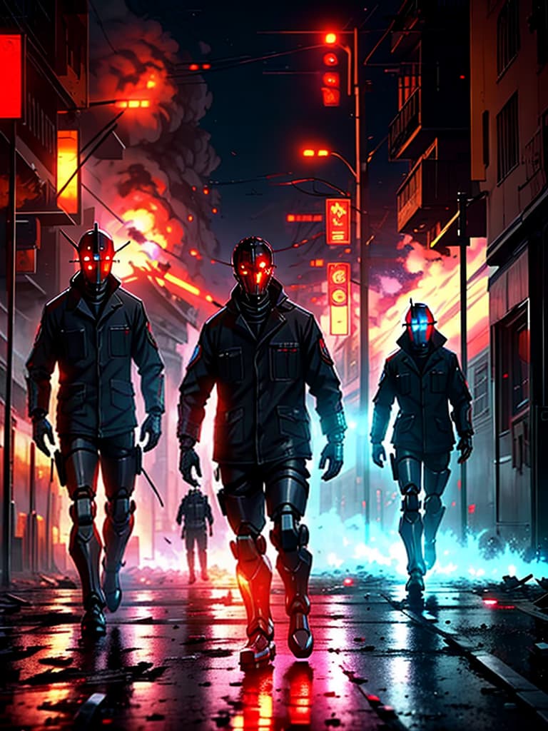  Man vs AI Robots, a deluge of burning buildings, blood and bodies litter the street.