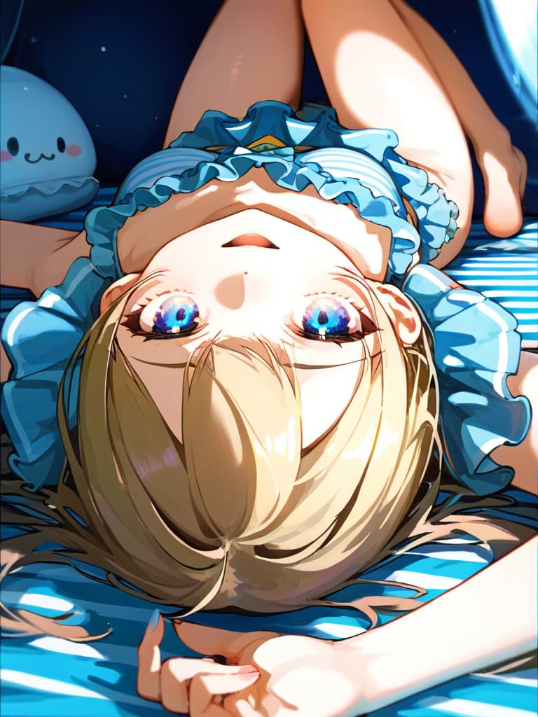  ultra detailed:1.2,masterpiece:1.2,best quality,masterpiece,bestquality,hdr:1.1,8k:1.1,very cute girl:1.3,(blue color,frill swimwear:1.6),(lying,at striped float bed on sea:1.8) ,smile:1.4 ,(blonde hair,twin tail,drill hair:1.3) ,(on the sea:1.7),cowboy shot:1.3,dutch angel:1.5,open mouth,(upside down:1.7)(from above:1.1)((eyes highlight:1.1))