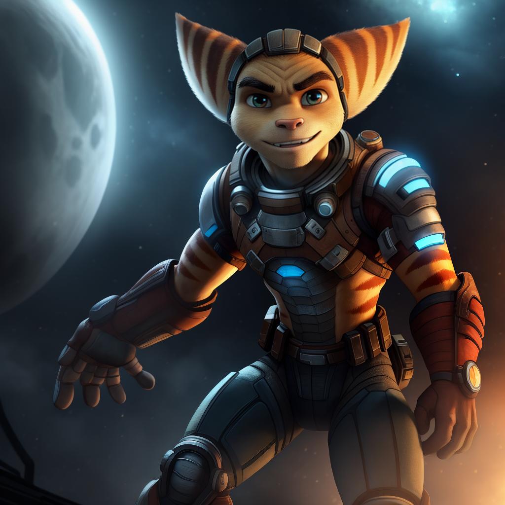  Male ratchet and clank (dead space), full body, high quality resolution, open eyes, digital art, masterpiece, 4k, fine details,