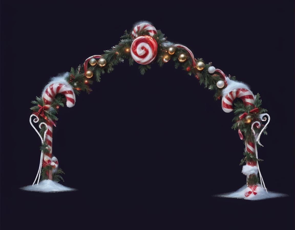  breathtaking an arch made up of candy canes and ornaments, christmas garland with decoration, pine needle and snow on it . award winning, professional, highly detailed, civitai