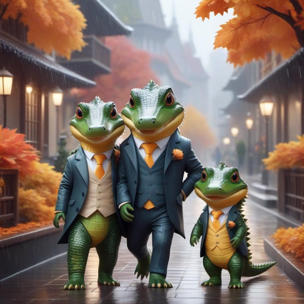  Cute cartoon smiling crocodiles in the clothes of the bride and groom walking around the autumn city in the rain, bright dynamic picture in the style of kortoon, fantasy, digital animation, realistic, drawing details