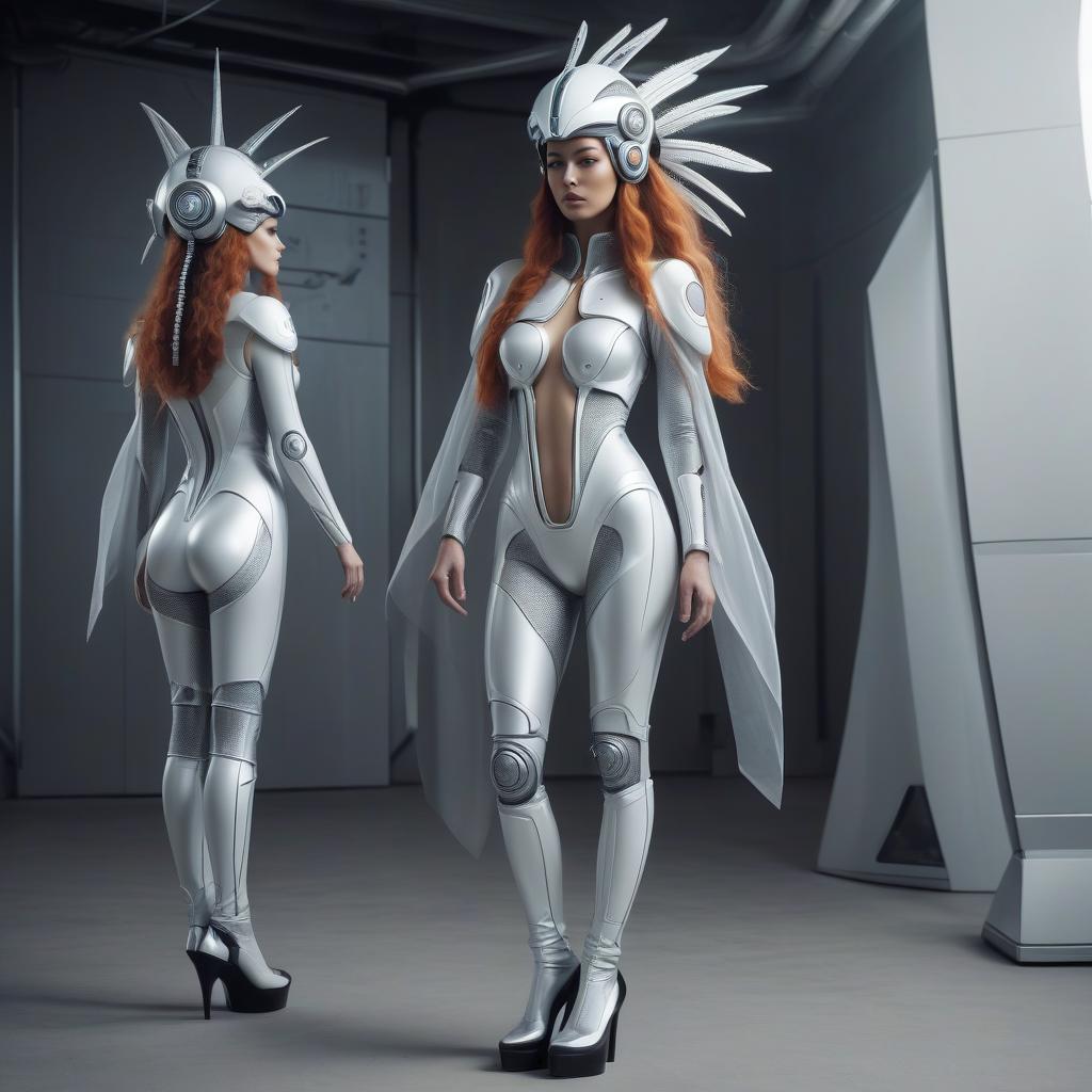  the costume of a woman from the future. headdress. full height. with shoes