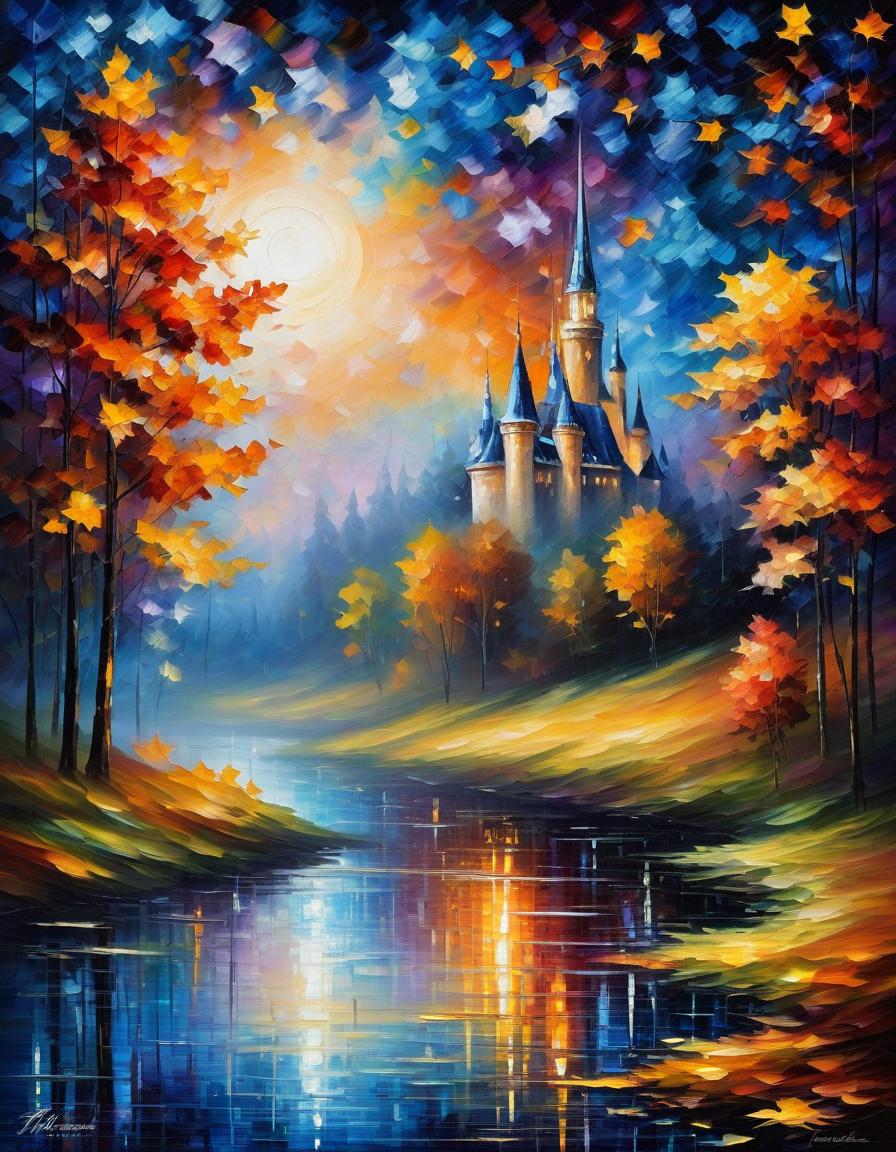  space themed (style of leonid afremov:1.5), oil palette knife painting, canvas, autumn landscape, forest, castle, falling autumn leaves, fantasy, muted shades of colors, gothic aesthetic, beautiful, blue hour, impessionism . cosmic, celestial, stars, galaxies, nebulas, planets, science fiction, highly detailed