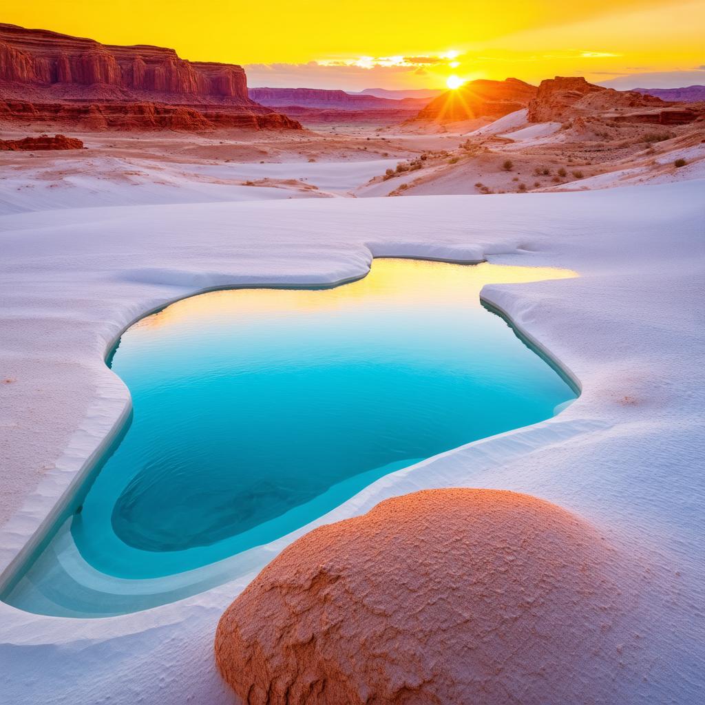  detailed photo, vivid colors. volumetric illumination. a stunning white desert landscape with yellow, teal, and a luminescent glowing blue oasis pool. a river flows through the pool, between the desert rocks and salt flats, reflecting the warm sunset hues. jagged cliffs rise in the background against a colorful sky, with shimmering water contrasting the earthy terrain v 6.1 ar 1:1 s 130 c 30 w 1 {prompt}, maximum details