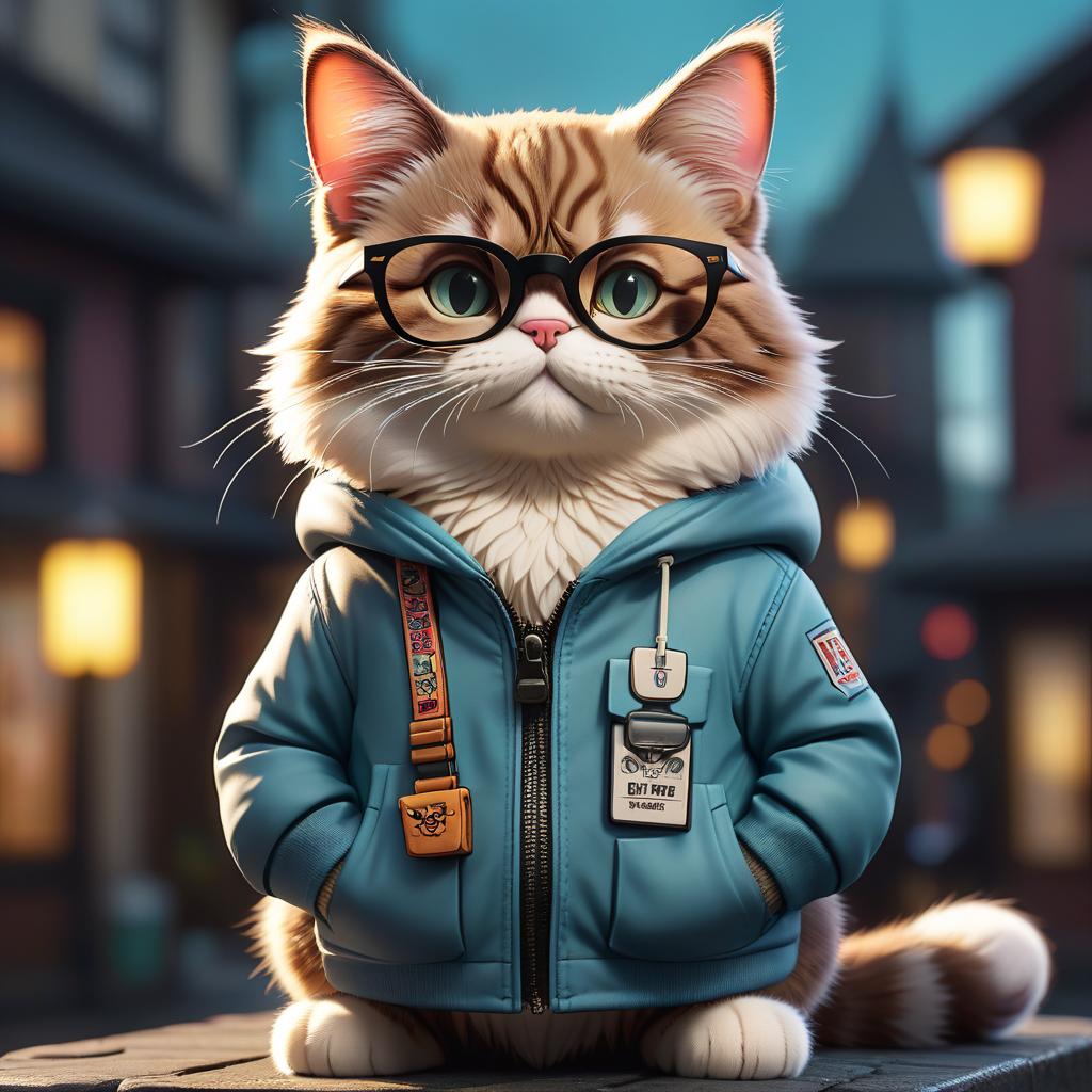  cartoon cat with glasses, sticker hyperrealistic, full body, detailed clothing, highly detailed, cinematic lighting, stunningly beautiful, intricate, sharp focus, f/1. 8, 85mm, (centered image composition), (professionally color graded), ((bright soft diffused light)), volumetric fog, trending on instagram, trending on tumblr, HDR 4K, 8K