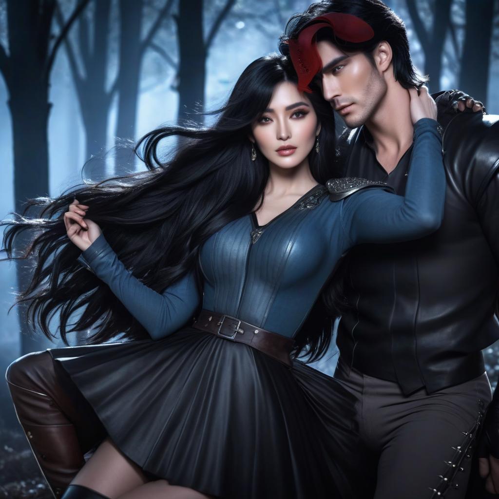  a girl with a leather armor, long black hair, hugs a guy with black hair hyperrealistic, full body, detailed clothing, highly detailed, cinematic lighting, stunningly beautiful, intricate, sharp focus, f/1. 8, 85mm, (centered image composition), (professionally color graded), ((bright soft diffused light)), volumetric fog, trending on instagram, trending on tumblr, HDR 4K, 8K