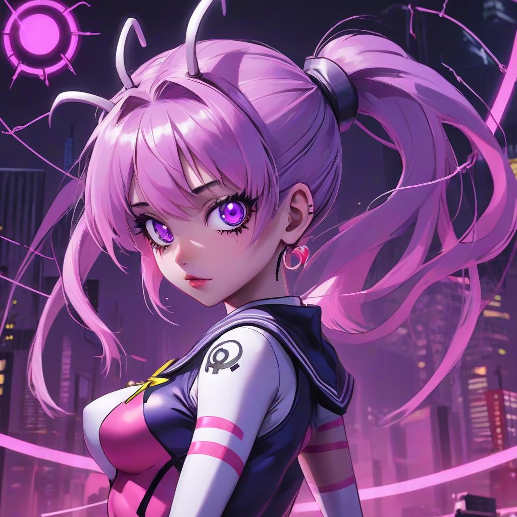  anime artwork anime style, gothic style, girl with purple hair, girl with one ponytail, bandage on one eye, sailor moon costume, gothic makeup, cyberpunk, neon, gwen stacy costume, spider, spider man, frowny face . anime style, key visual, vibrant, studio anime, highly detailed, hkmagic