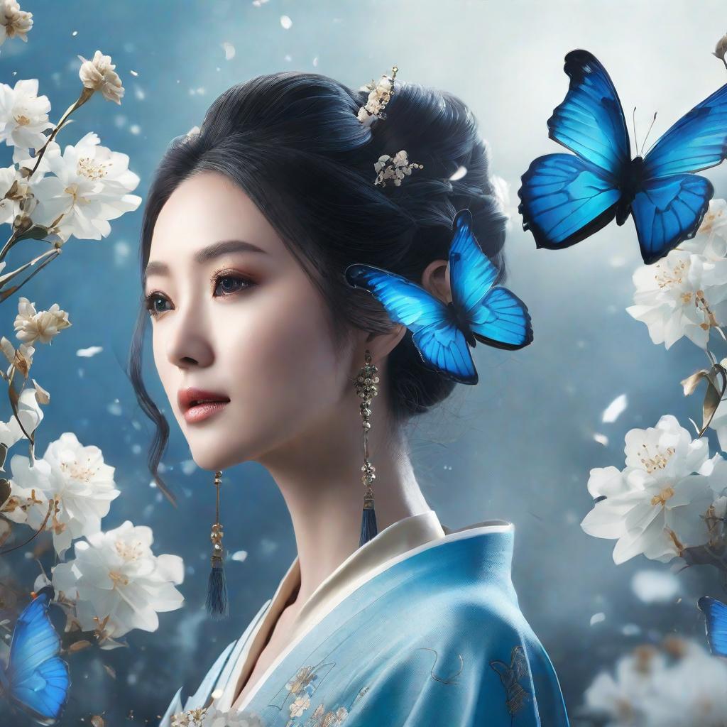  masterpiece, best quality, (Fidelity: 1.4), Best Quality, Masterpiece, Ultra High Resolution, Poster, Fantasy Art, Very Detailed Faces, 8k resolution, Chinese Style, An woman, Side Face, Quiet, Light Blue Hanfu, Tulle Coat, Long Black Hair, Light Blue Fringed Hair Ornament, Hairpin, White Ribbon, White Flower Bush, Light Blue Butterfly Flying, cinematic lighting effects