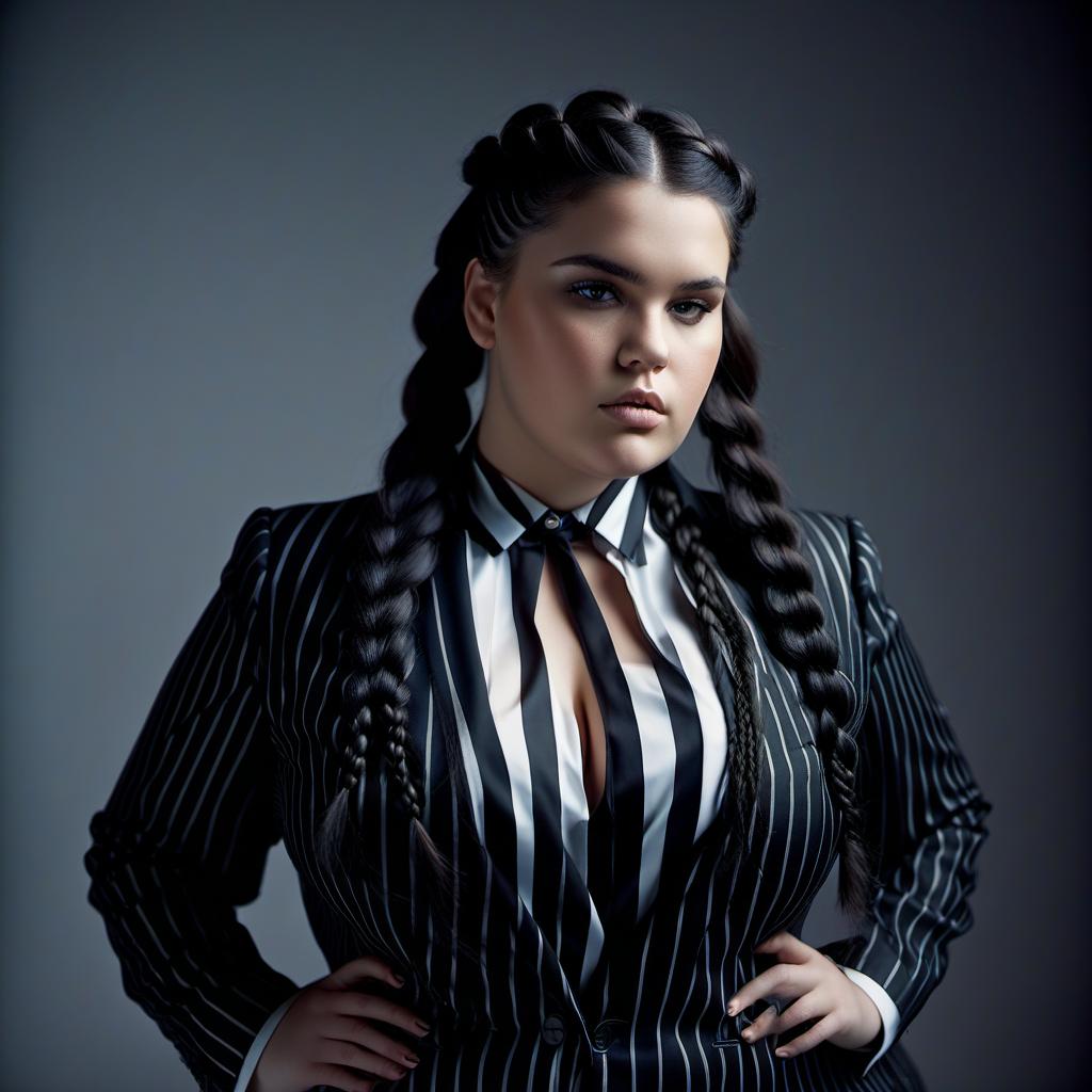  cinematic photo a large girl in a black suit with a huge bust, with braids of black hair, black striped trousers with large hips model . 35mm photograph, film, bokeh, professional, 4k, highly detailed