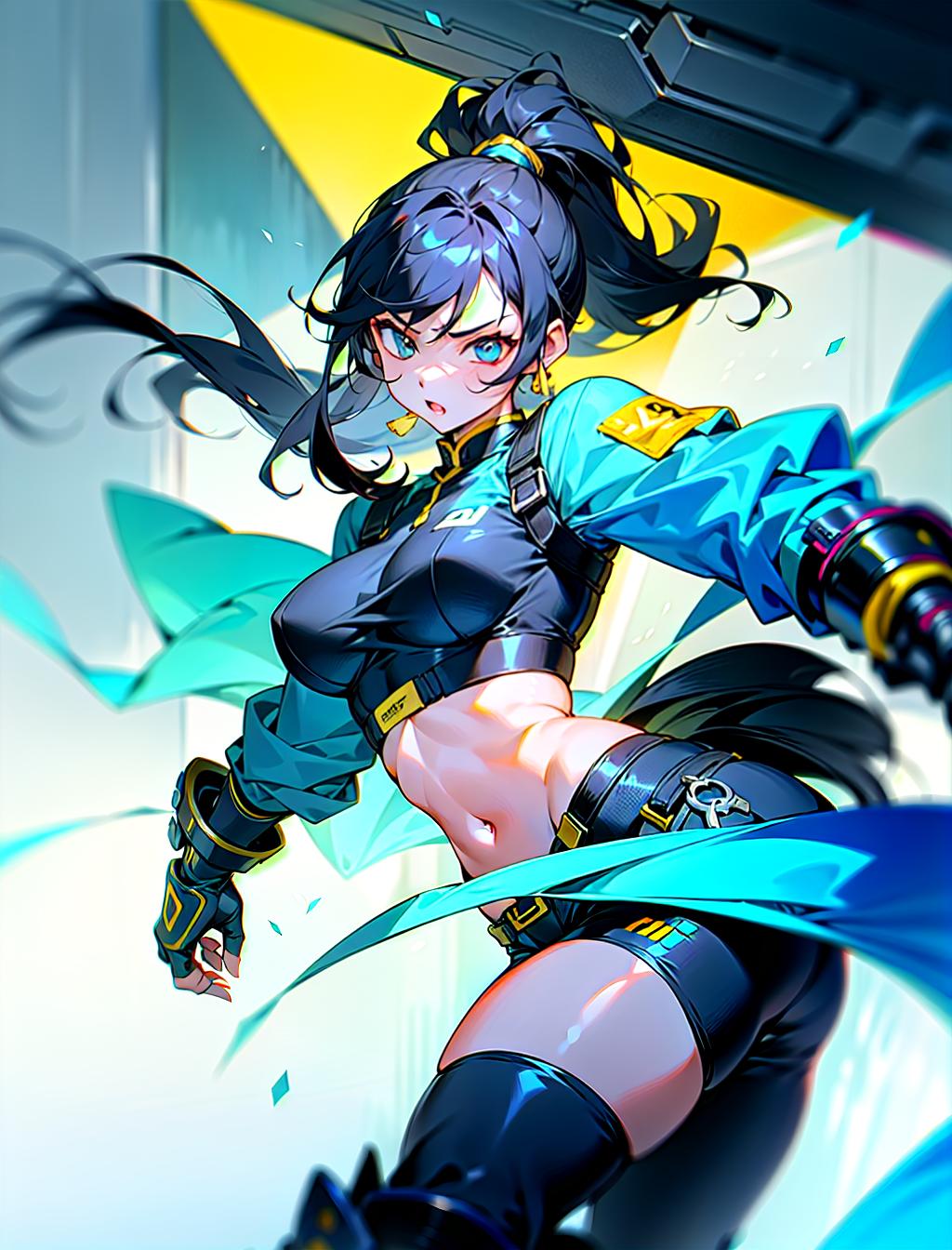  tangxin, from the chinese anime "nanocore," has a sleek and athletic appearance that reflects her action oriented role. she has long, black hair, often tied into a high ponytail, which emphasizes her sharp and confident demeanor. her outfit consists of a white and blue cropped jacket, leaving her midriff exposed, paired with form fitting, futuristic shorts that highlight her agile and combat ready physique. tangxin wears high tech black and blue boots and protective gear, including knee pads and armored gauntlets, giving her a tactical and futuristic vibe. she also carries weaponry on her, suggesting that she is proficient in combat and always prepared for action. her confident stance and serious expression indicate her strong and determine