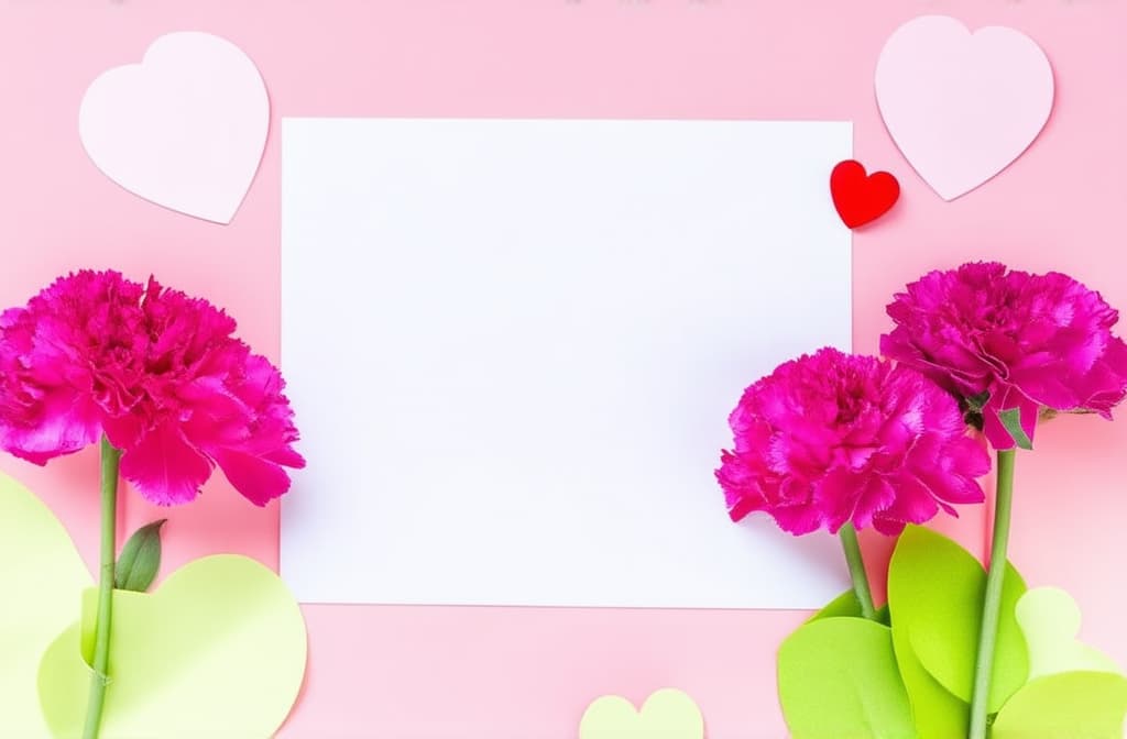  show your appreciation this mother's day with a stunning postcard arrangement featuring pink carnations, and heart shaped papers on a pastel pink background ar 3:2 {prompt}, maximum details