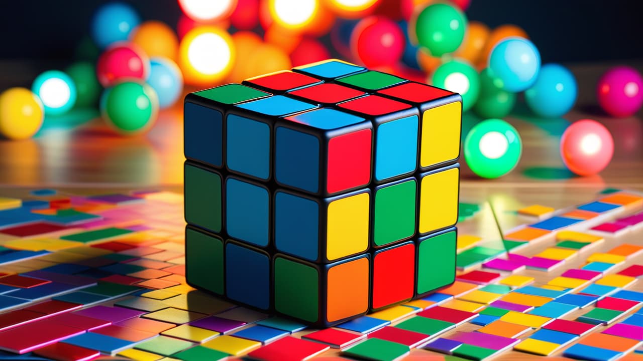  a vibrant, intricate collage of various puzzles: a rubik's cube, jigsaw pieces, a sudoku grid, and brain teasers, set against a backdrop of colorful question marks and lightbulbs, symbolizing creativity and challenge. hyperrealistic, full body, detailed clothing, highly detailed, cinematic lighting, stunningly beautiful, intricate, sharp focus, f/1. 8, 85mm, (centered image composition), (professionally color graded), ((bright soft diffused light)), volumetric fog, trending on instagram, trending on tumblr, HDR 4K, 8K