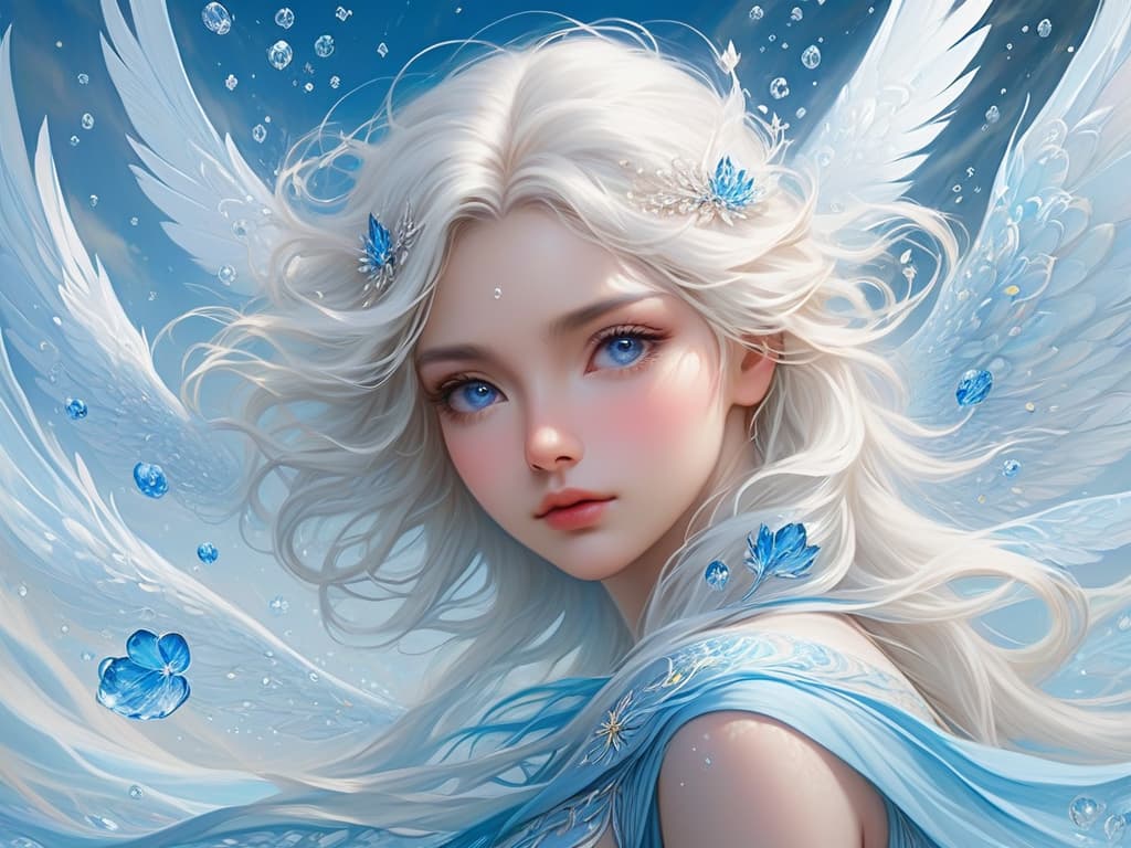  ethereal fantasy concept art of masterpiece,best quality,official art,extremely detailed cg 8k wallpaper,(flying petals) (detailed ice),crystals texture skin,1girl,cold expression,white hair,long hair,messy hair,blue eye,looking at viewer,extremely delicate and beautiful,water,((beauty detailed eye)),highly detailed,cinematic lighting,((beautiful face), fine water surface, (original figure painting), ultra detailed, incredibly detailed, (an extremely delicate and beautiful), beautiful detailed eyes, (best quality). magnificent, celestial, ethereal, painterly, epic, majestic, magical, fantasy art, cover art, dreamy