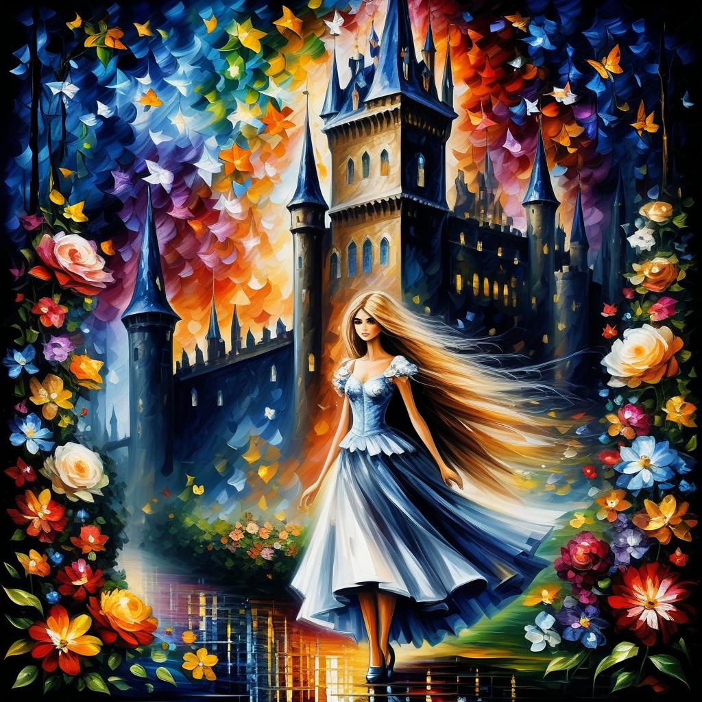  (style of leonid afremov:1.5), fantasy world with pixies and flowers, a castle with many flowers, flying pixi girl, pixi dressed in a dress made of flowers, in clothes made of flowers, forest of flowers, alley of flowers in the forest, dream, wings of flowers, night and stars, epic realism, anime features, dark fantasy, abstract horror, desaturated color palette, gothic and renaissance aesthetic,