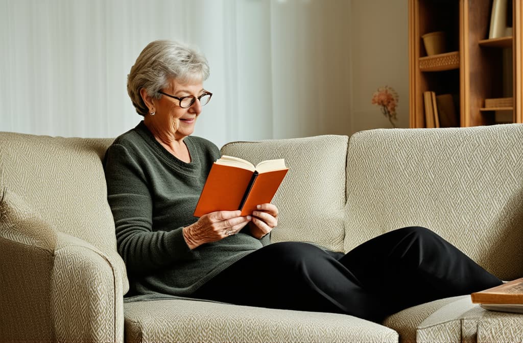  professional detailed photography, grandmother reading a book sitting on a sofa in a bright room ar 3:2, (muted colors, dim colors, soothing tones), (vsco:0.3)