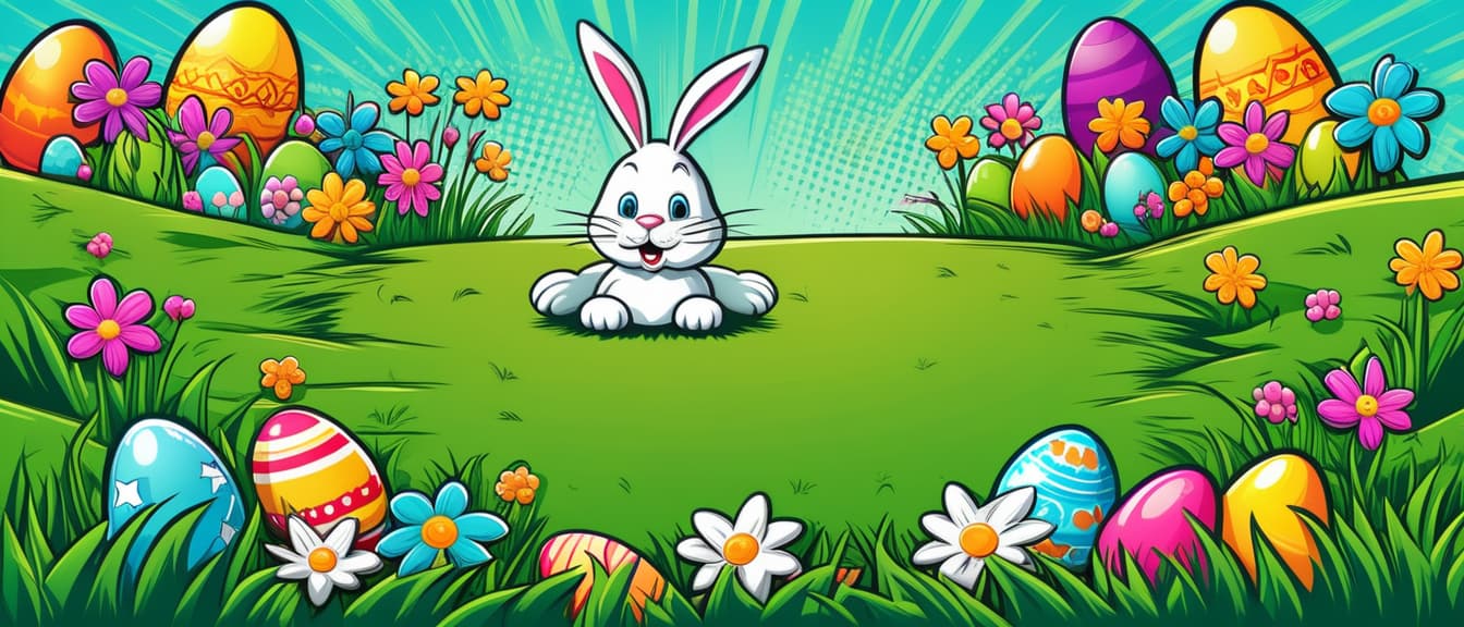  Easter cartoon background with green grass, flowers and Easter eggs, illustration in pop art comic book style with a text place, vibrant colors,