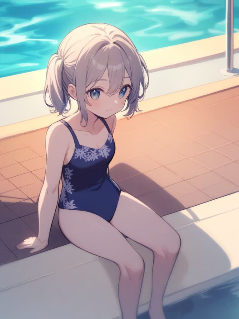  women's elementary students (male), twin tails, cute smiles, (rich s), short stature, dark blue swimwear, old swimwear, swimwear, simple, male , , clear , front, whole body poolside,