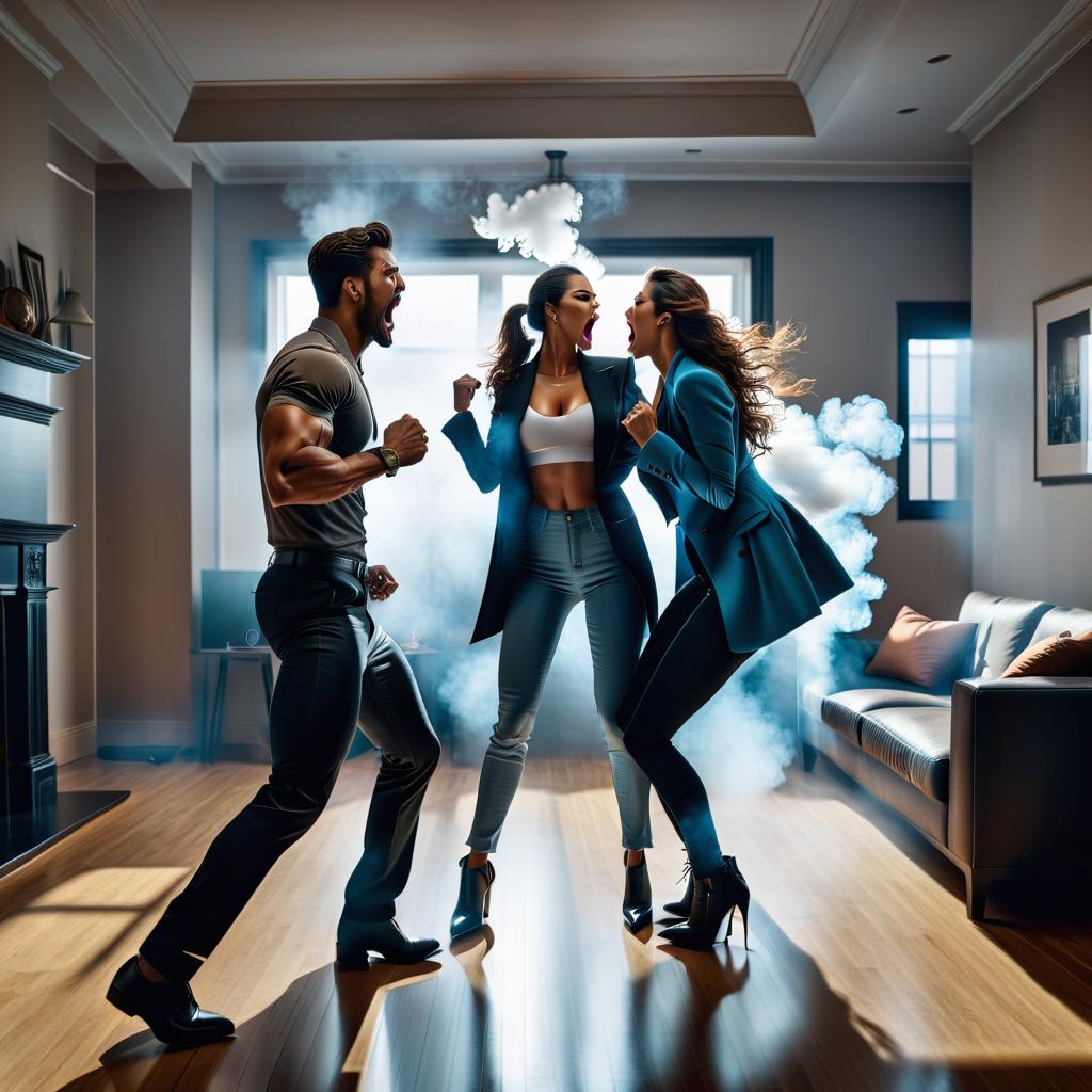  in the apartment, a guy and a girl fight each other, shout, shout, scandal, high detail, realism hyperrealistic, full body, detailed clothing, highly detailed, cinematic lighting, stunningly beautiful, intricate, sharp focus, f/1. 8, 85mm, (centered image composition), (professionally color graded), ((bright soft diffused light)), volumetric fog, trending on instagram, trending on tumblr, HDR 4K, 8K