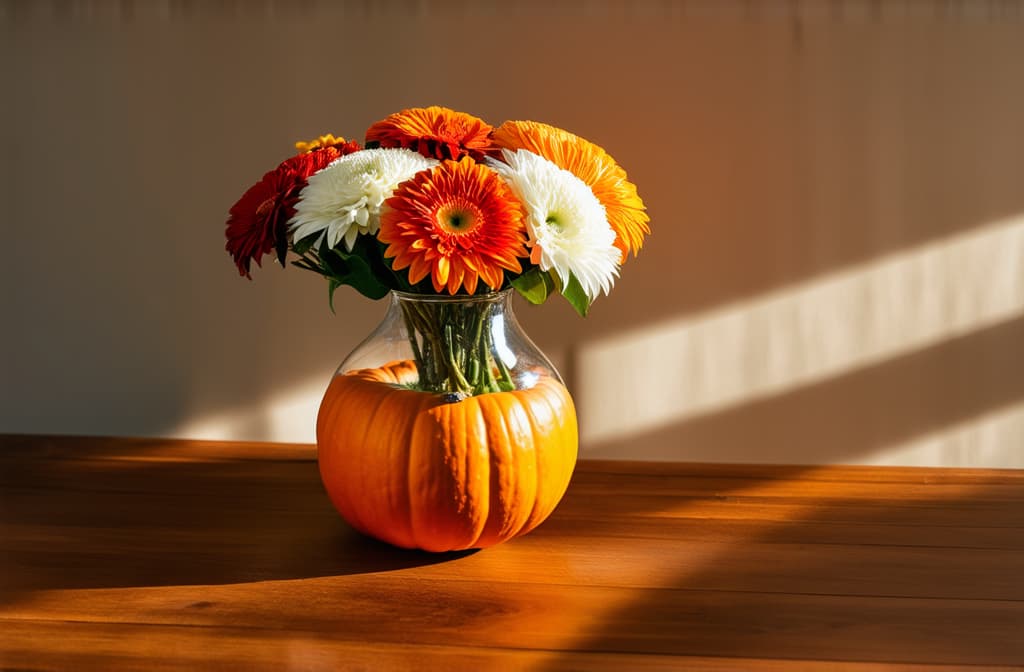  cinematic film style, autumn composition with pumkin's vase with orange red and white flowers in vase over wooden table with space for text ar 3:2, shallow depth of field, vignette, maximum details, high budget hollywood movie, bokeh, cinemascope, moody, epic, gorgeous, sun rays and shadows on furniture and surfaces, flattering light, raw photo, photography, photorealistic, 8k resolution, f1.4, sharpened focus, sharp focus