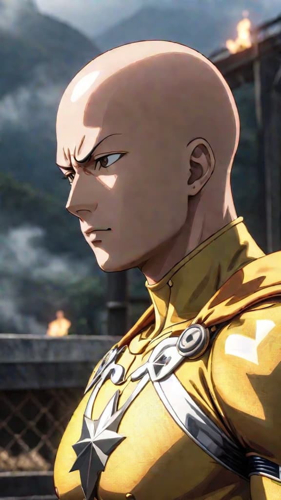  an anime art of saitama from one punch man showcasing his divine origin in a powerful moment. hyperrealistic, full body, detailed clothing, highly detailed, cinematic lighting, stunningly beautiful, intricate, sharp focus, f/1. 8, 85mm, (centered image composition), (professionally color graded), ((bright soft diffused light)), volumetric fog, trending on instagram, trending on tumblr, HDR 4K, 8K