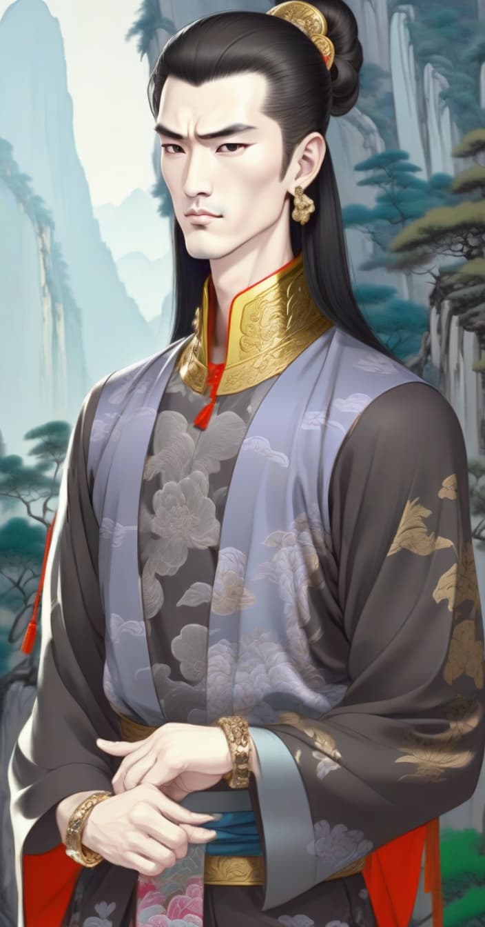  color portrait, ((a muscular man)), ((long neck)), chinese style of clothing, (wide chest), floral patterns on clothes, (gold jewelry on the hands and head). asian temple in the mountains ((artist: guó huà)) ((artist: the engraving))