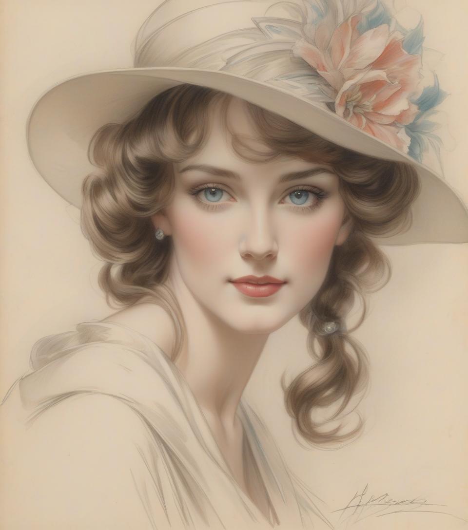  portrait of a beautiful woman, harrison fisher, colored pencil art, black pencil on antique paper, intricate detail.