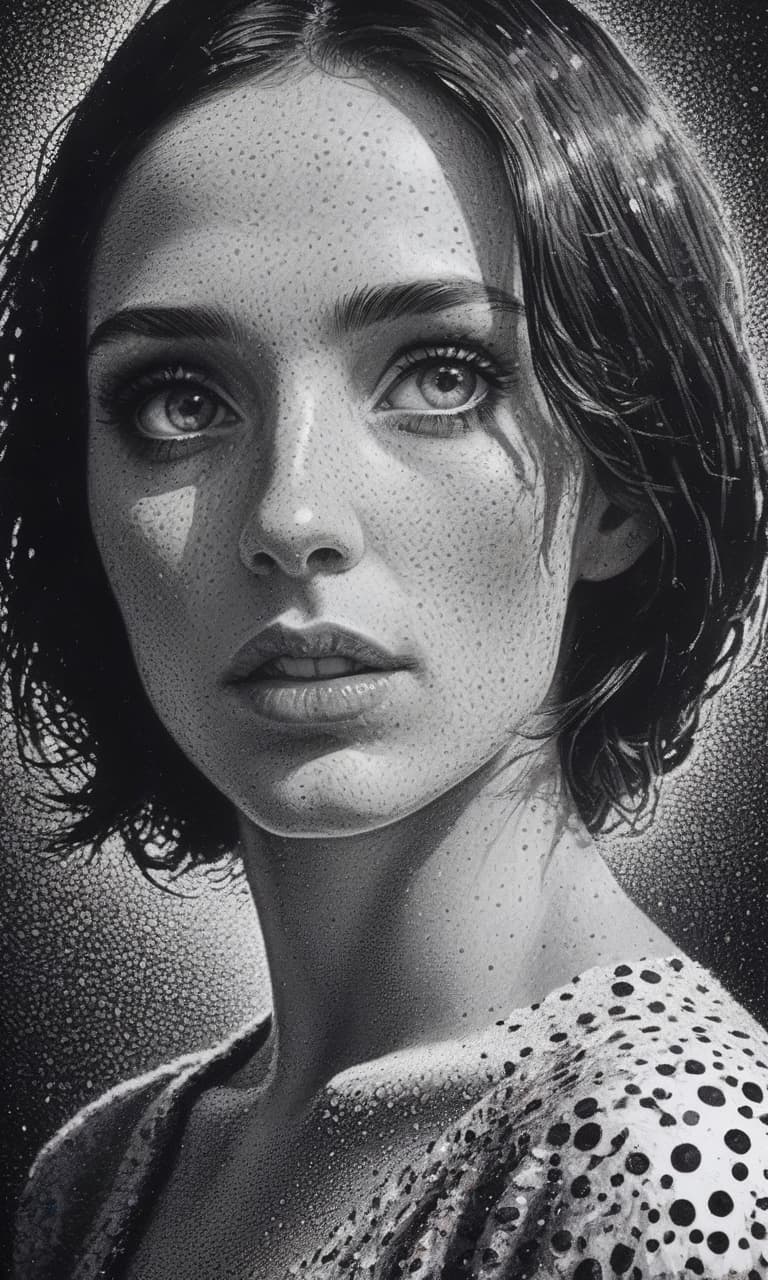  (masterpiece, high resolution, pointillism:1.3), close up portrait of a stunning woman with a head tilted back, sharp dots creating a detailed stippling effect, (black and white hatching:1.2) on her face, dissolved face, (surrealism:1.2) adding a dreamlike quality, monochromatic color scheme, each dot creating a sense of texture and depth, expressive and intense emotions, intricate details, dramatic lighting, sharp contrasts, (distortion:1.2) effect on her facial features, (atmospheric:1.1) lighting, (composition:1.1) emphasizing the subject's tilted head and dissolved face, (details:1.1) highlighting the intricate stippling and hatching, (style:1.1) blending stippling, pointillism, and surrealism, (aesthetic:1.1) emphasizing a dramatic, in