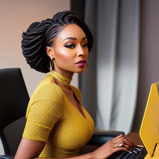  (African American woman, hair in locs in an updo style, woman sitting at a computer desk in a luxury office, woman is wearing a beautiful while and yellow dress), photorealistic, highly detailed, 4k, high quality hyperrealistic, full body, detailed clothing, highly detailed, cinematic lighting, stunningly beautiful, intricate, sharp focus, f/1. 8, 85mm, (centered image composition), (professionally color graded), ((bright soft diffused light)), volumetric fog, trending on instagram, trending on tumblr, HDR 4K, 8K