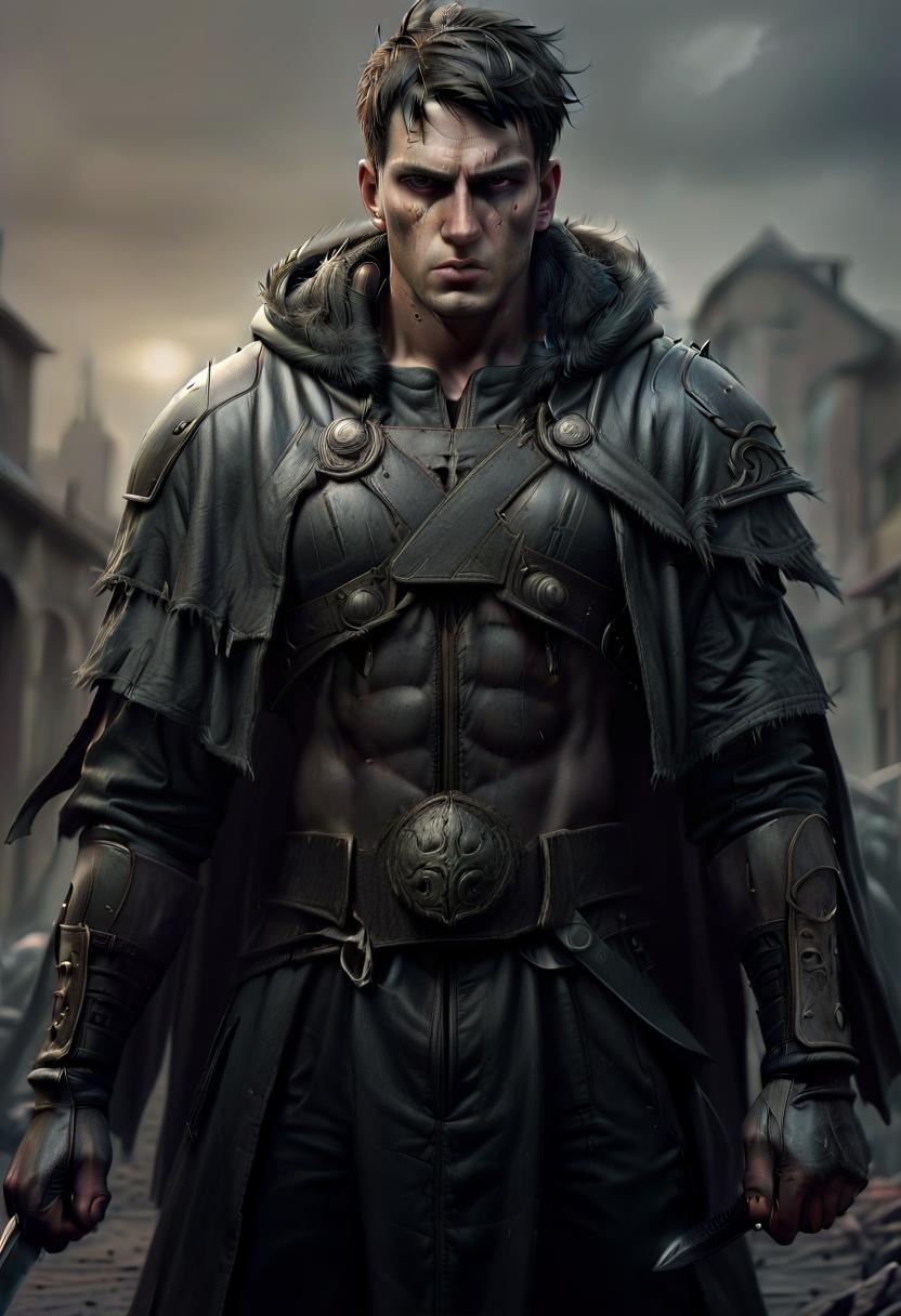  dystopian style human brutal male warlock, roman gladiator face, simble plain black leather jacket, grey hooded cape, two swords, dark town background . bleak, post apocalyptic, somber, dramatic, highly detailed, civitai