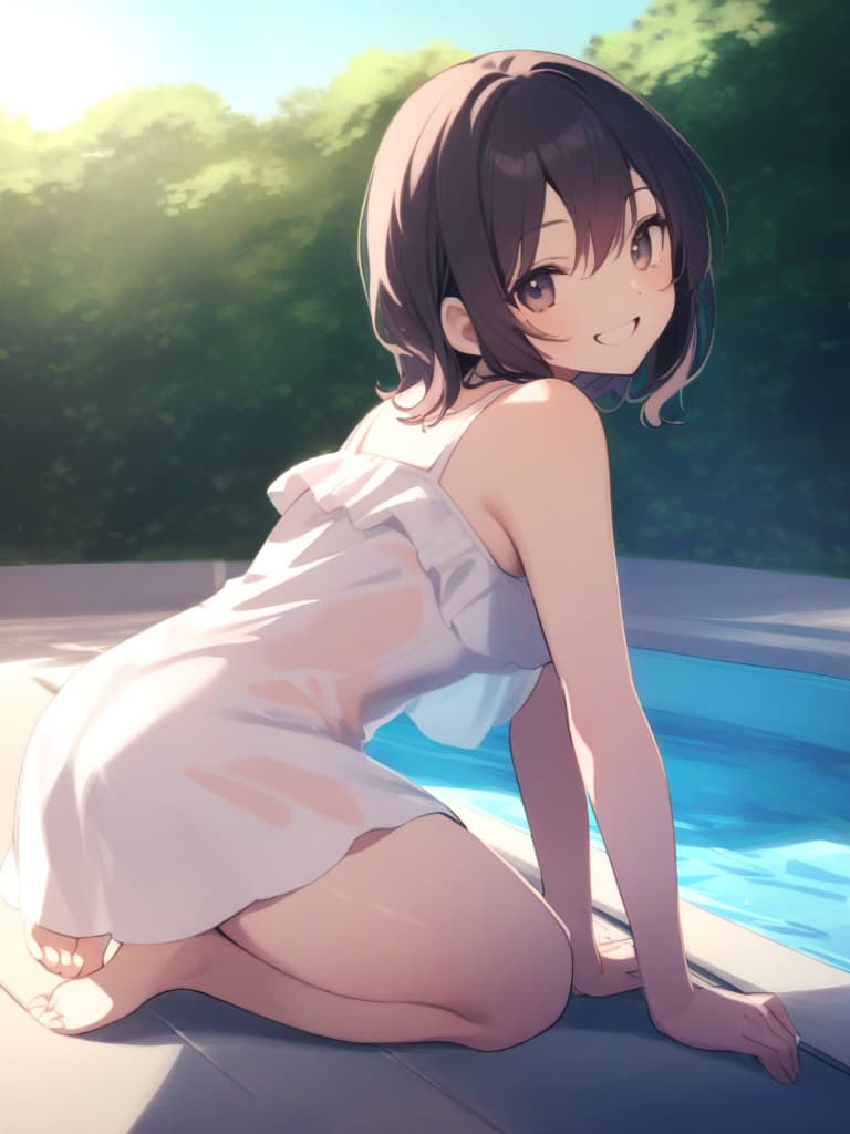  s, short hair, cute smile, swimwear, water dresses, cleaning, whole body, pool side,