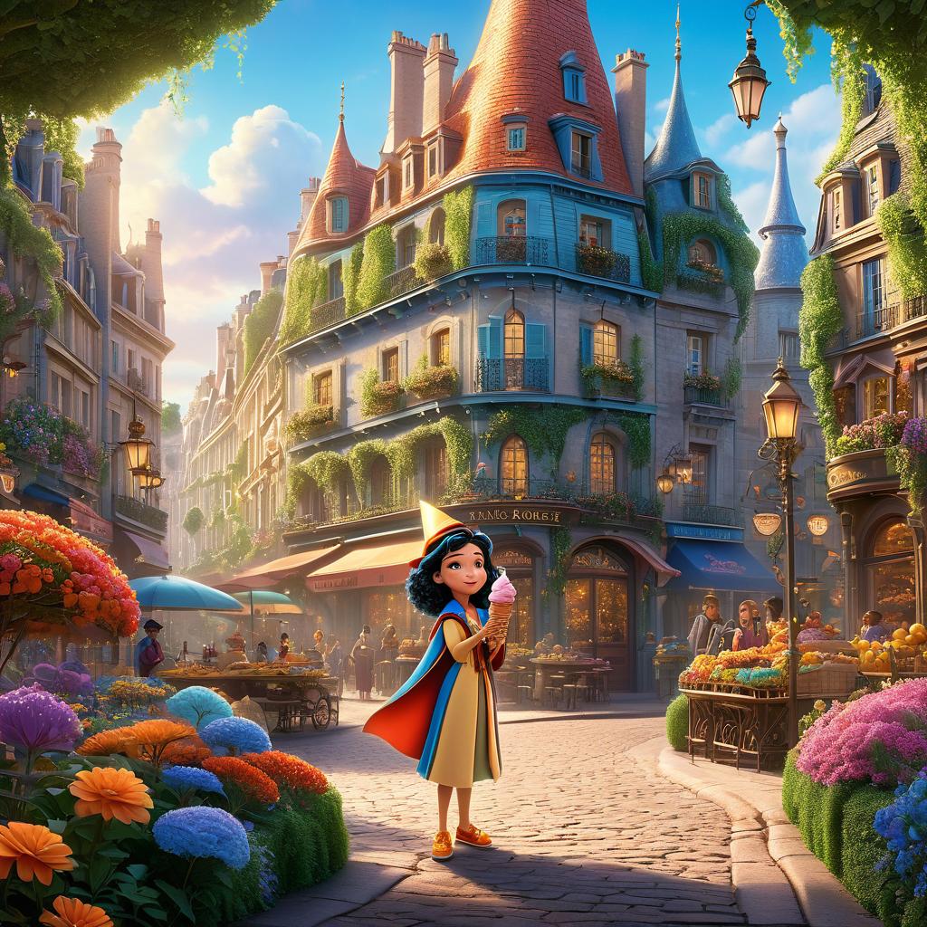  in 3d animated movie style. disney pixar style. paris, a old , on a quest in an enchanted forest for a rare sugar crystal. she wears a colorful outfit and sparkly shoes. the ice cream wizard, d in shimmering robes, observes from afar with a hint of mystery. the forest teems with magic, colorful flora, and sprites. soft sunlight filters through the canopy. rendered in high res pixar 3d style, focusing on character expressions and detailed environments. bright, soft lighting accentuates colors, adding a magical touch. bird's eye view perspective captures paris's determination and the wizard's watchful gaze.