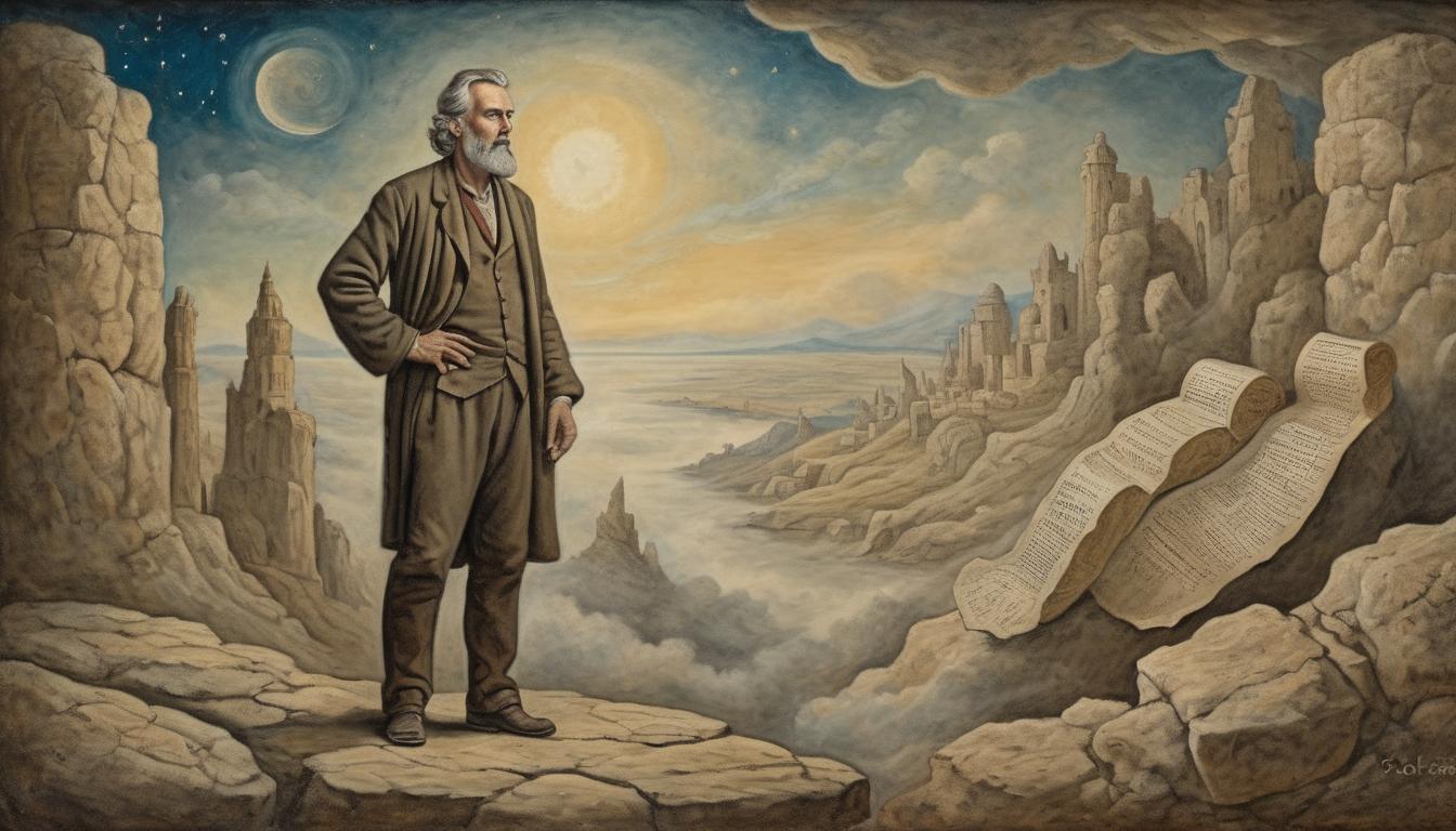  on parchment, surrealism++, a steadfast figure, middle aged man, with piercing eyes, standing upon a rocky outcrop, clutching ancient scrolls, backdrop of a swirling, cosmic sky, determined expression, resolute and focused(mysterious, provocative, symbolic)++