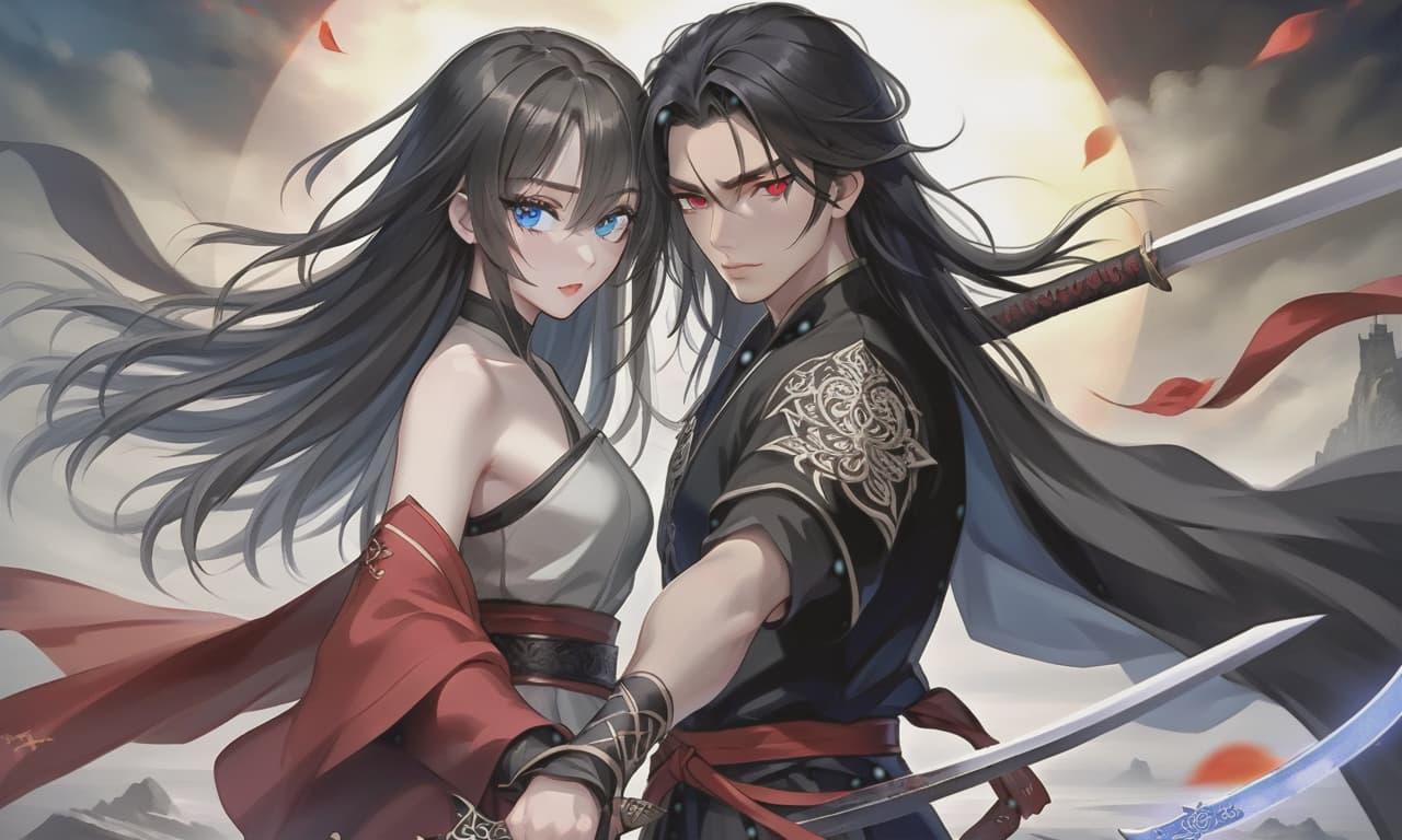  breathtaking realistic photo, two people, a character from the novel “system save yourself for the main hero”, lo binghe, a young man in black with an unassuming long sword behind his back. long black hair to the waist, red eyes, demonic mark on the forehead, next to him a girl blonde, blonde hair to the shoulder blades, european type of face, light skin, blue eyes, plump lips, a small tummy at the bottom of the waist, . award winning, professional, highly detailed, hkmagic