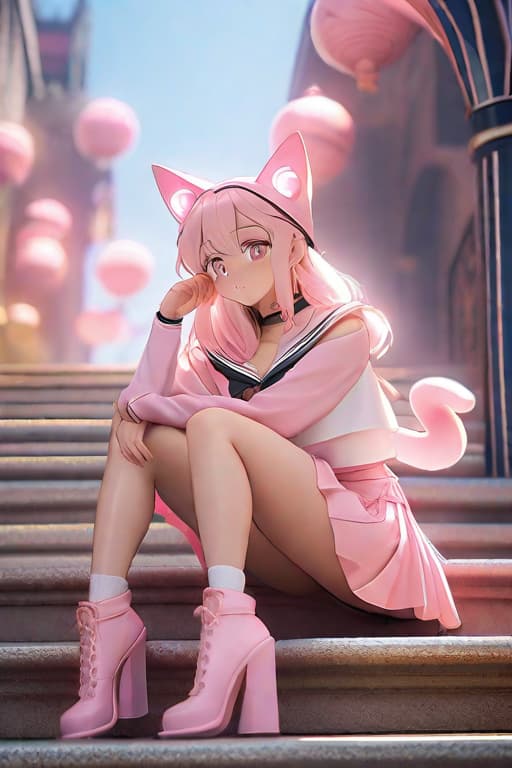  an image of a girl with thin light pink long hair with cat ears,in a fantasy light pink sailor outfit with short ,golden eyes,blushing,on stairs at dusk,showing black ,crouching. hyperrealistic, full body, detailed clothing, highly detailed, cinematic lighting, stunningly beautiful, intricate, sharp focus, f/1. 8, 85mm, (centered image composition), (professionally color graded), ((bright soft diffused light)), volumetric fog, trending on instagram, trending on tumblr, HDR 4K, 8K