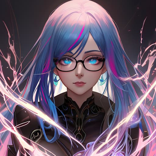  a woman with blue hair and glasses in a dark room, artwork in the style of guweiz, wlop : :, bright pink streaks of hair, portrait of jinx from arcane, icon for an ai app, character art closeup, jinx from arcane, extremely moody blue lighting, quinn, artstatiom hyperrealistic, full body, detailed clothing, highly detailed, cinematic lighting, stunningly beautiful, intricate, sharp focus, f/1. 8, 85mm, (centered image composition), (professionally color graded), ((bright soft diffused light)), volumetric fog, trending on instagram, trending on tumblr, HDR 4K, 8K