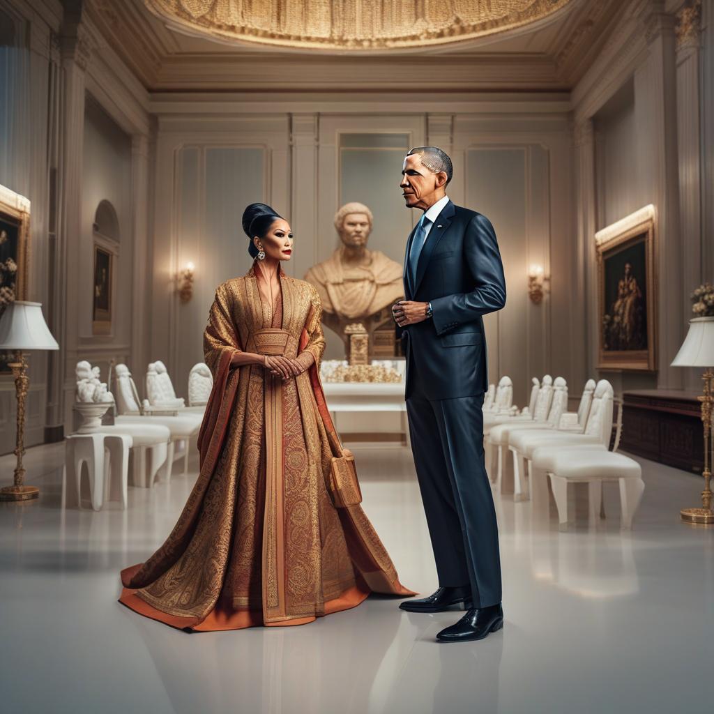  a obama con una asiática hyperrealistic, full body, detailed clothing, highly detailed, cinematic lighting, stunningly beautiful, intricate, sharp focus, f/1. 8, 85mm, (centered image composition), (professionally color graded), ((bright soft diffused light)), volumetric fog, trending on instagram, trending on tumblr, HDR 4K, 8K