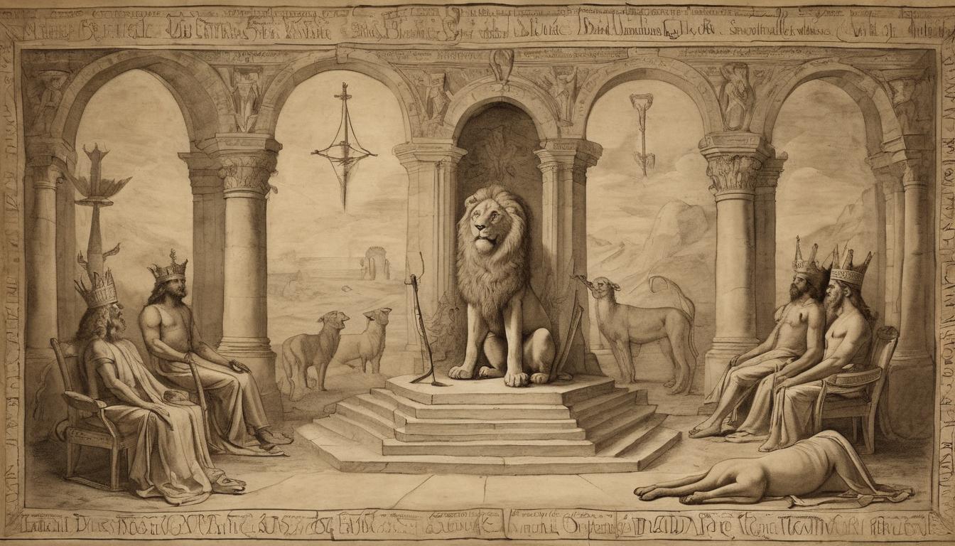  on parchment, surrealism++, a majestic throne room, empty thrones, ancient banners depicting a lion and a lamb, overturned scepters on the ground, sense of divine upheaval and transformation, majestic, transformative(mysterious, provocative, symbolic)++