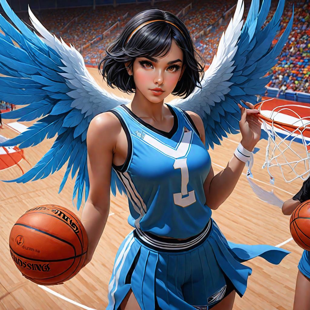  anime art very beautiful, harpy girl, light brown skin woman, brown eyes, black hair, short hair, has talons, has dark brown/black wings, narrow lips, angled eyebrows, roman nose, diamond shaped face, blue and white basket ball jersey, basketball court., award winning, professional, highly detailed, masterpiece