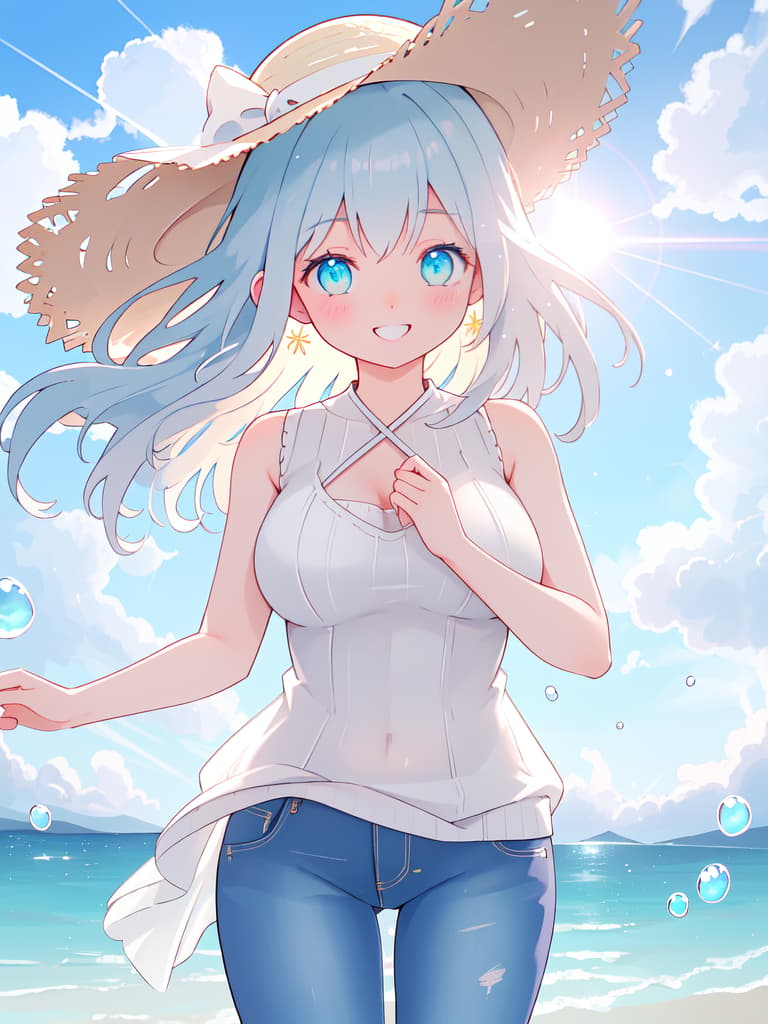  female big tits, chest, white transparent dress, beautiful beach, sleeveless knit, jeans, big straw hat, sun, lens flare, daring smile that shows teeth, turned composition, beautiful clouds, upper body close up, splashing, beautiful light particles reflecting, swelling hair, movement to put hair on the ears, masterpiece, best quality,8k,ultra detailed,high resolution,an extremely delicate and beautiful,hyper detail hyperrealistic, full body, detailed clothing, highly detailed, cinematic lighting, stunningly beautiful, intricate, sharp focus, f/1. 8, 85mm, (centered image composition), (professionally color graded), ((bright soft diffused light)), volumetric fog, trending on instagram, trending on tumblr, HDR 4K, 8K
