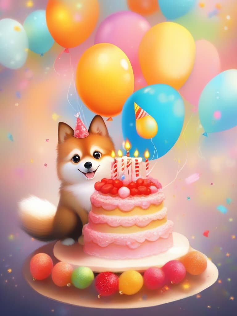  {"happy birthday" background}}{(1 little orange pomeranian)(cute)(smiling)(big eyes)(fluffy)},(birthday cake🎂)(balloons🎈)masterpiece,high quality,8k