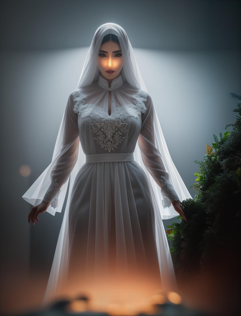  Scary ghost having with a  hyperrealistic, full body, detailed clothing, highly detailed, cinematic lighting, stunningly beautiful, intricate, sharp focus, f/1. 8, 85mm, (centered image composition), (professionally color graded), ((bright soft diffused light)), volumetric fog, trending on instagram, trending on tumblr, HDR 4K, 8K