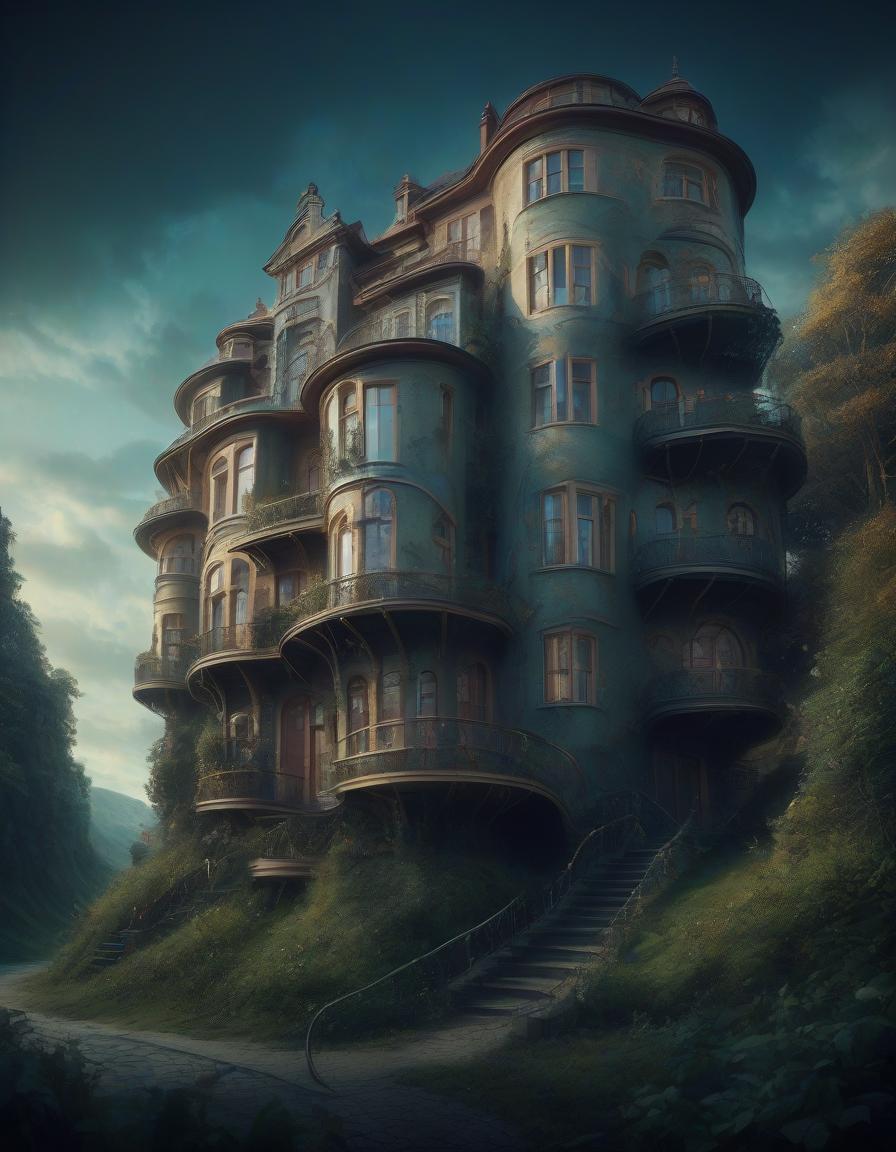  cinematic film still fancy fabulous curve multi storey wavy house, painting in the artistic style of tomasz setowski . shallow depth of field, vignette, highly detailed, high budget, bokeh, cinemascope, moody, epic, gorgeous, film grain, grainy