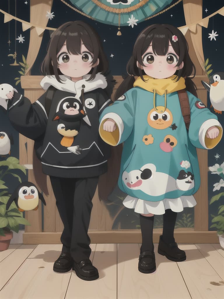  Penguin, Yuru Chara, Mascot, Beautiful Beauty couple, 💩: 0.6, 💩, 💩, 💩, 💩, 💩,, masterpiece, best quality,8k,ultra detailed,high resolution,an extremely delicate and beautiful,hyper detail