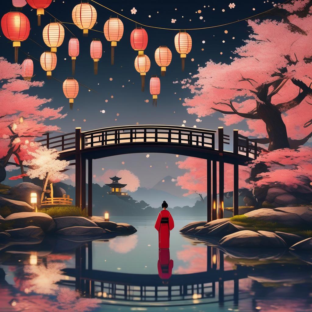  masterpiece, best quality, (fidelity:1.4), best quality, masterpiece, ultra high resolution,8k resolution, night view inspired by Japanese art, featuring a garden lit by paper lanterns and a wooden bridge spanning a tranquil lake with a small Zen temple by the lake. The water reflects the stars. A beautiful girl stands by the lake