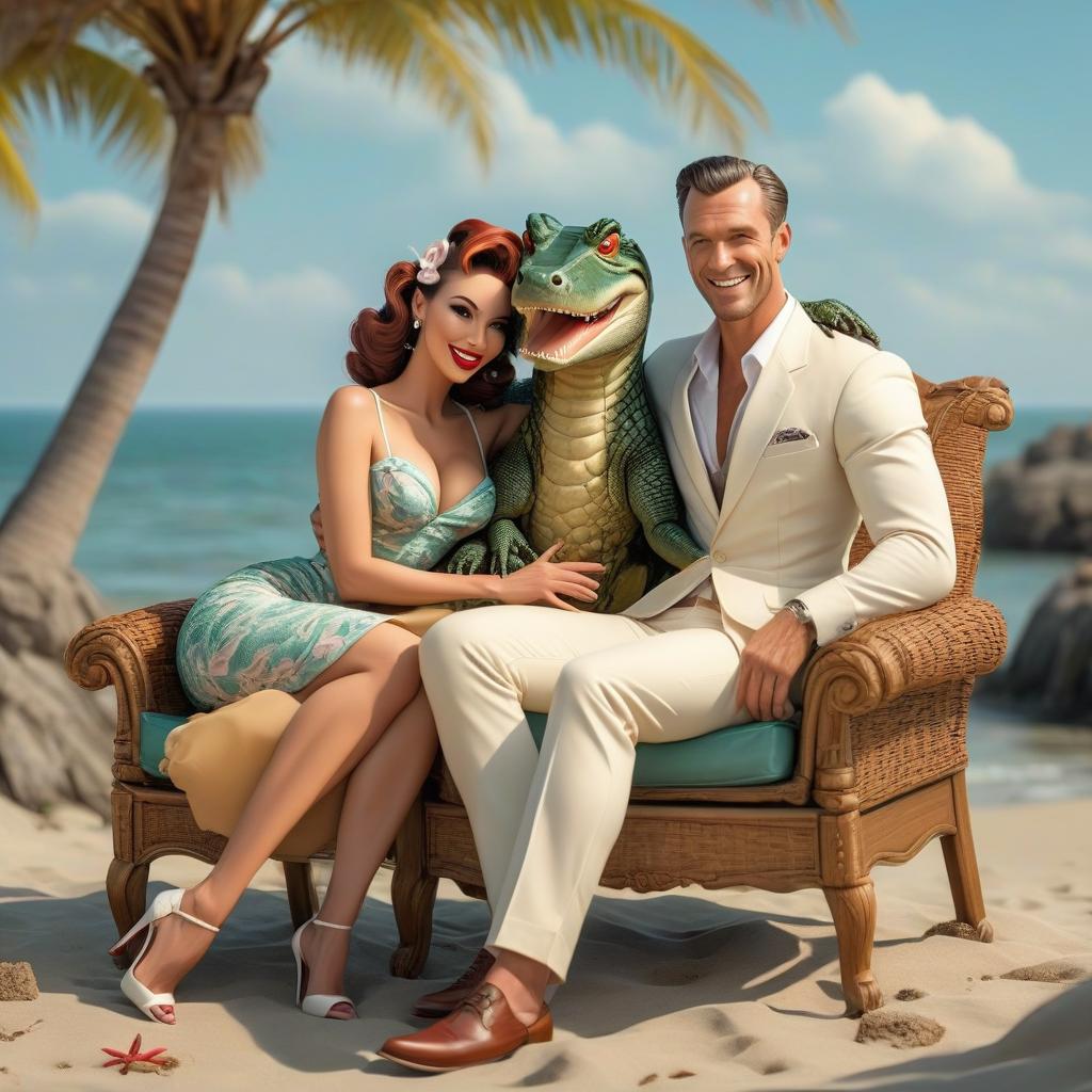  husband and wife love crocodiles they are cute and very similar to people, happy, smiling and lying hugging on a chair by the sea in the style of pin up hyperrealistic, full body, detailed clothing, highly detailed, cinematic lighting, stunningly beautiful, intricate, sharp focus, f/1. 8, 85mm, (centered image composition), (professionally color graded), ((bright soft diffused light)), volumetric fog, trending on instagram, trending on tumblr, HDR 4K, 8K