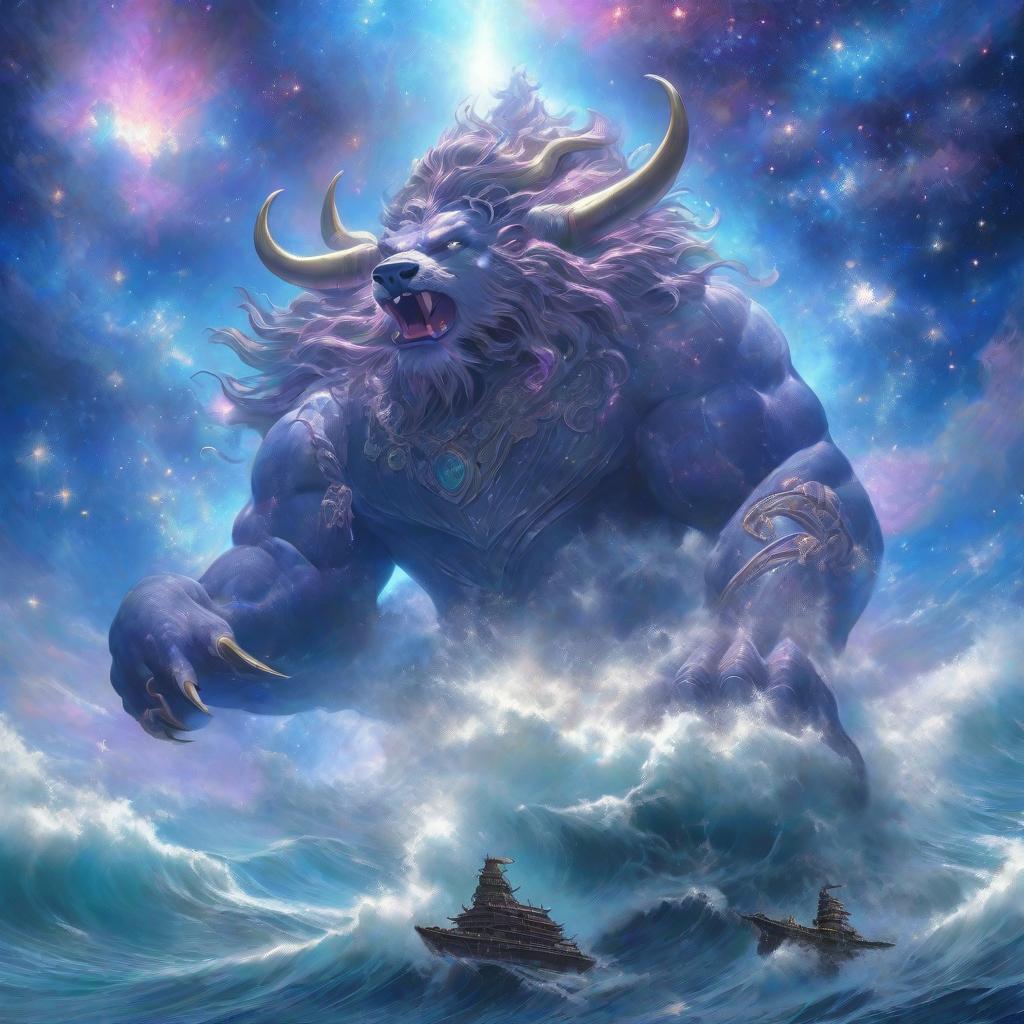  depict lord varahaswamy, the third avatar of vishnu, as a powerful boar standing tall in the middle of a vast cosmic ocean. his divine form, with a muscular and majestic boar's head, holds the earth delicately on his tusks, balancing it near his face. the ocean around him glimmers with starlight, reflecting the deep blues and purples of space. in the background, stars, galaxies, and nebulae create a cosmic backdrop, highlighting the grandeur of this divine scene. the waves of the ocean gently ripple, signifying the calm yet powerful presence of the deity in this surreal, celestial setting hyperrealistic, full body, detailed clothing, highly detailed, cinematic lighting, stunningly beautiful, intricate, sharp focus, f/1. 8, 85mm, (centered image composition), (professionally color graded), ((bright soft diffused light)), volumetric fog, trending on instagram, trending on tumblr, HDR 4K, 8K