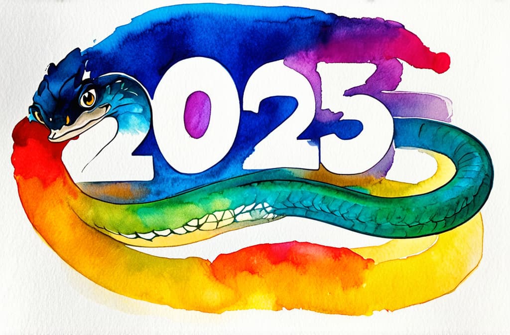  artwork snake around the inscription "2025" ar 3:2, watercolor techniques, featuring fluid colors, subtle gradients, transparency associated with watercolor art