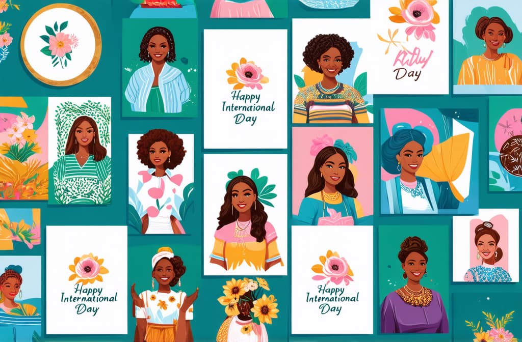  happy international women's day. march 8th. different races and nationalities. colored hand drawn vector illustrations. set of cards and seamless pattern ar 3:2 {prompt}, maximum details