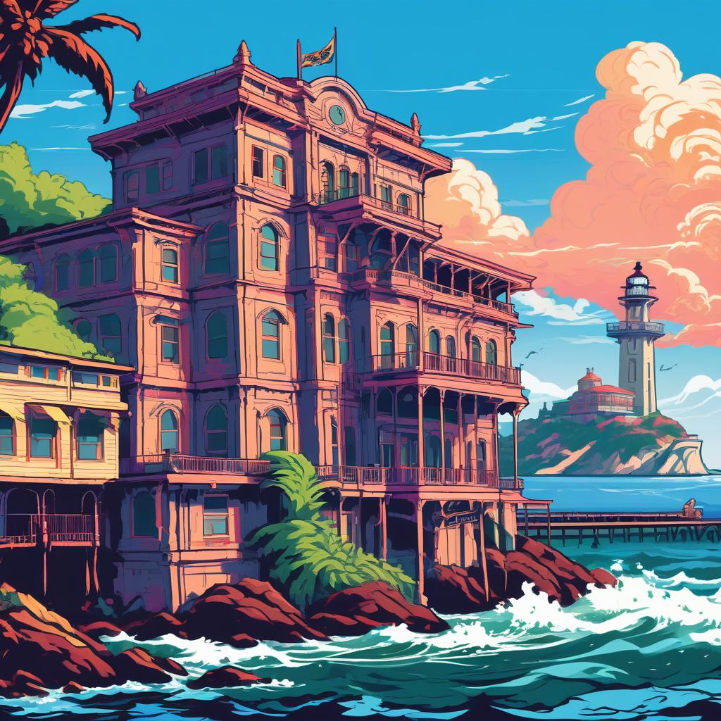  street fighter style alcatraz, view from the water . vibrant, dynamic, arcade, 2d fighting game, highly detailed, reminiscent of street fighter series