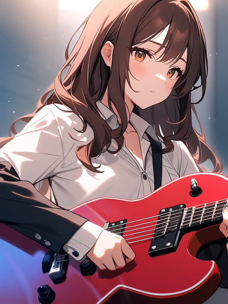  (beautiful girl:1.5)(brown hair:1.5)(long hair:1.7)(wavy hair:1.5)(with a electric guitar:1.7){in red leather jacket:1.5}{playing guitar happily:1.7} master piece,high quality,16k,super analysis,correct finger position,correct finger count